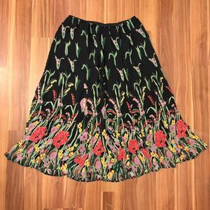 long flowy black and floral crinkle arsty painterly boho maxi skirt